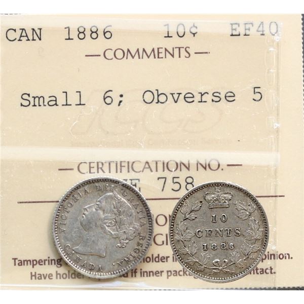 1886 10¢  Obv. 5 "Small 6" ICCS Extra Fine-40