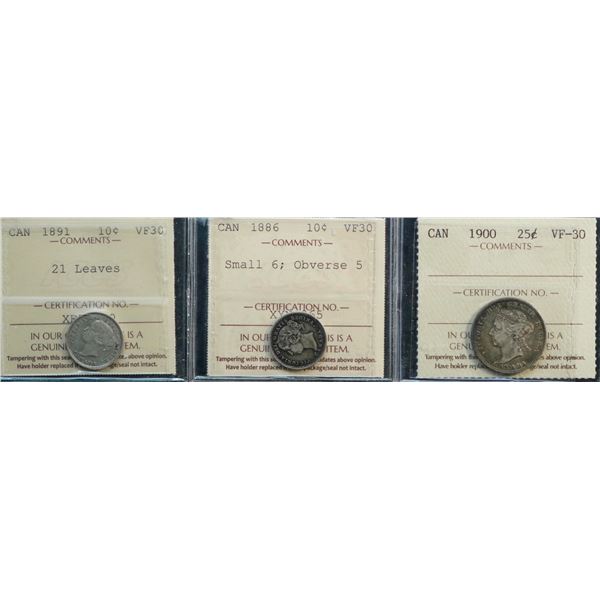 1891 10¢ 21 Lvs, 1886 Sml 6 Obv 5 & 1900 25¢ all ICCS Choice Very Fine-30.  Lot of 3 coins.