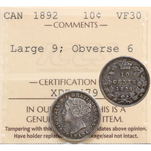 1892 Large 9, Obv. 6 10¢ ICCS Choice Very Fine-30.  Scarce variety!