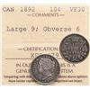 Image 1 : 1892 Large 9, Obv. 6 10¢ ICCS Choice Very Fine-30.  Scarce variety!