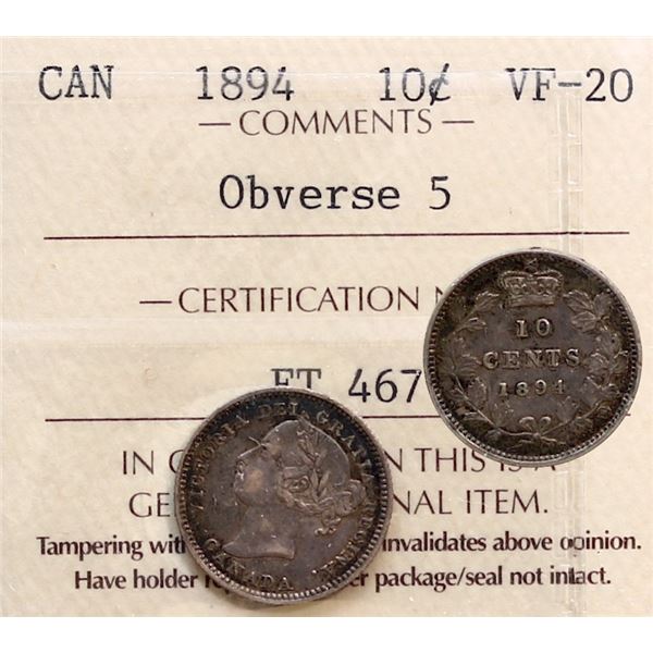 1894 10¢ Obv.5 ICCS Very Fine-20