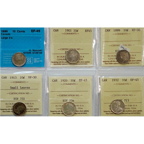1899 10¢ Large 9, 1901,1899, 1913 SL, 1920, and 1932, all ICCS/CCCS Choice Very Fine-30 to Choice Ex