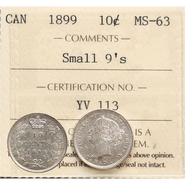 1899 "Small 9s" 10¢ ICCS Choice Mint State-63.  A very nice example.