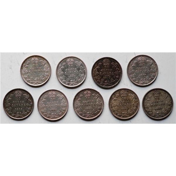 1902 10¢ to 1909.  Alot of 9 Edward VII pcs EF and better on average w/some exceptions.