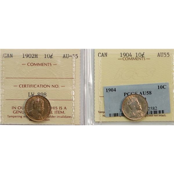 1902H 10¢ & 1904 both ICCS Choice About Uncirculated-55.