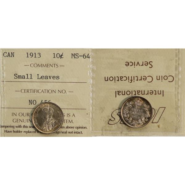 1913 10¢ Small Leaves ICCS Choice Mint State-64.