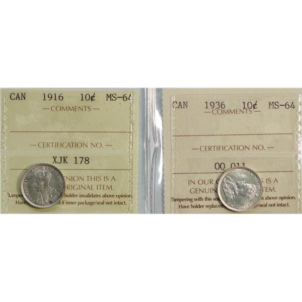 1916 10¢, & 1936 both ICCS Choice Mint State-64.