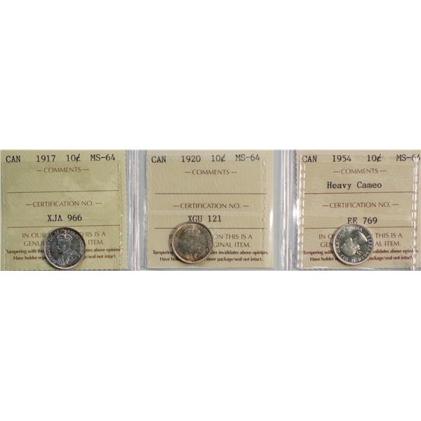 1917 10¢, 1920, and 1954 Heavy Cameo all ICCS Choice Mint State-64, lot of 3 coins.