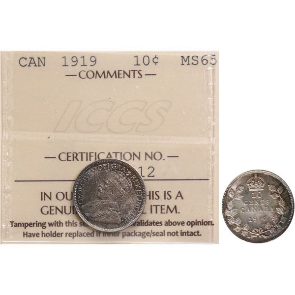 1919 10¢ ICCS Gem Mint State-65