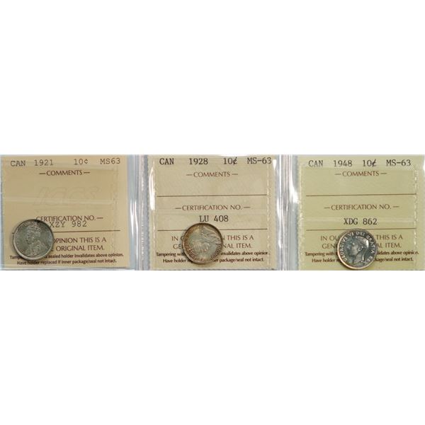 1921 10¢, 1928, and 1948 all ICCS Choice Mint State-63, lot of 3 coins.