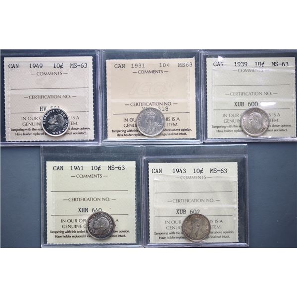 1931 10¢, 1939, 1941, 1943, 1949, all 5 coins ICCS graded Choice Mint State-63.