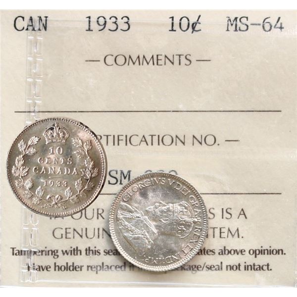 1933 10¢ ICCS Choice Mint State-64.  A very nice example.