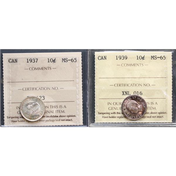 1937 10¢, and 1939 both ICCS Gem Mint State-65.