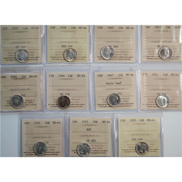 1937 10¢, 1939, 1940, 1943, 1945, 1946, 1947 ML, 1951, 1952, 1953 NSF,and 1955, all ICCS Choice Mint