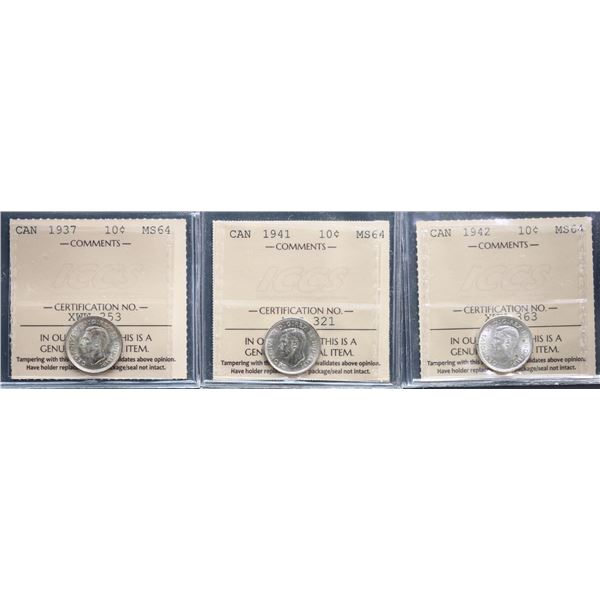 1937 10¢, 1941, 1942, all 3 coins ICCS graded Choice Mint State-64.