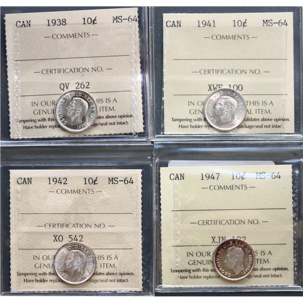 1938 10¢, 1941, 1942, and 1947 all ICCS Choice Mint State-64, lot of 4 coins.