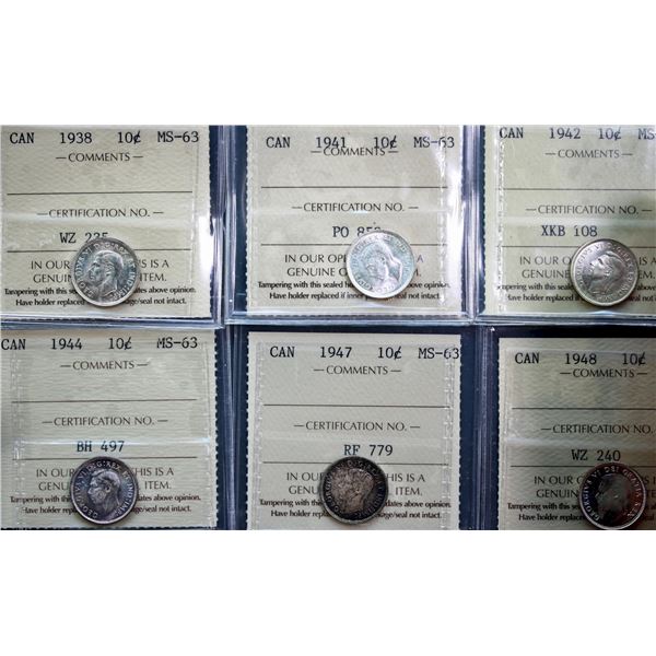 1938 10¢, 1941, 1942, 1944, 1947, 1948, 1949, 1950, and 1953 SF, all ICCS Choice Mint State-63, lot 
