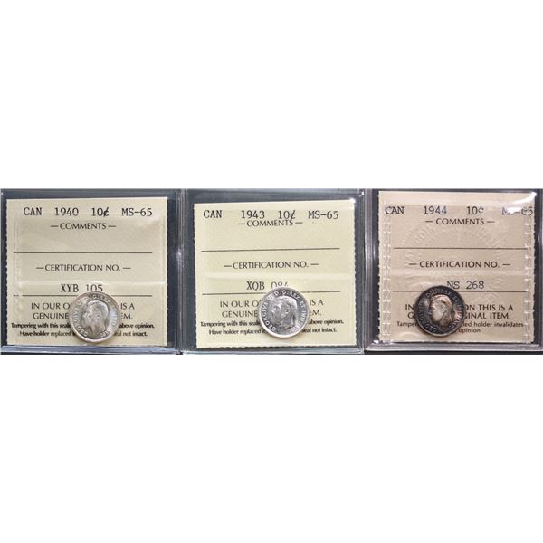 1940 10¢, 1943, and 1945 all ICCS Gem Mint State-65, lot of 3 coins.