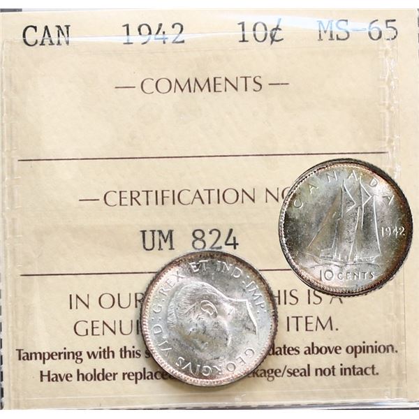 1942 10¢ ICCS Gem Mint State-65.  Highly lustrous and attractive example.