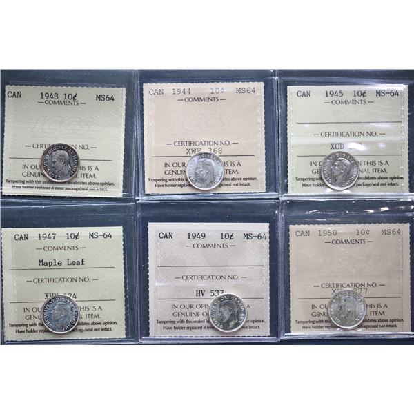 1943 10¢, 1944, 1946, 1947 ML, 1949, 1950, 1951, 1952, all 8 coins ICCS graded Choice Mint State-64.