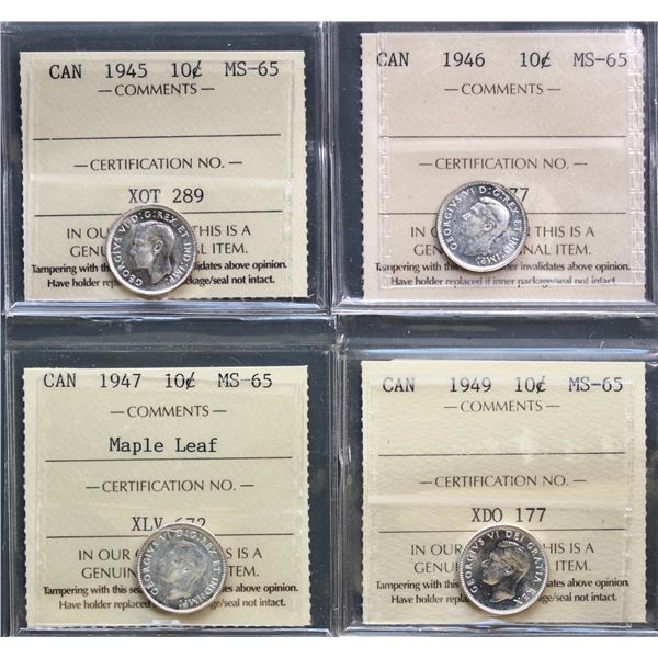 1945 10¢, 1946, 1947 ML, and 1949 all ICCS Gem Mint State-65, lot of 4 coins.