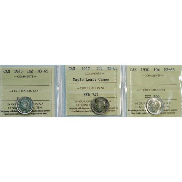 1945 10¢, 1947 ML Cameo, and 1950, all ICCS Gem Mint State-65, lot of 3 coins.