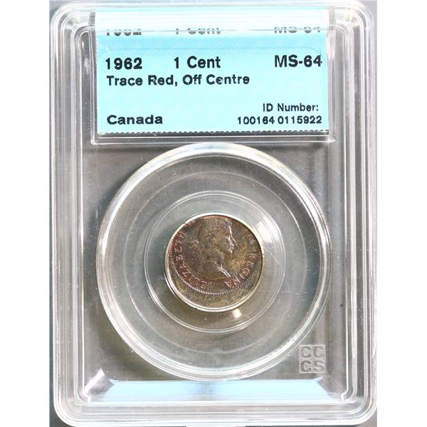 Error 1962 1¢ CCCS Choice Mint State-64 - Off Centre