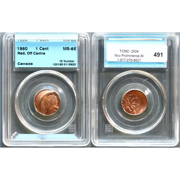 Error; 1980 1¢ CCCS Gem Mint State-65 Red - Off centre
