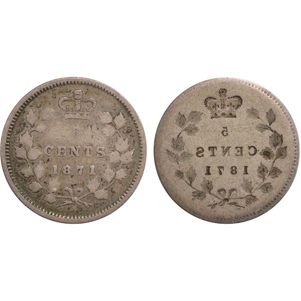 Error Coin;  1871 5¢ PCGS Choice Very Fine-30.  Designated w/Full Brockage Obverse.  A visually spec