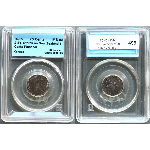Error; 1985 25¢ 2,8g struck on New Zealand 5 cent planchet CCCS Choice Mint State-63