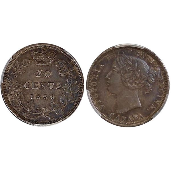 1858 20¢ Coin alignment PCGS Choice About Uncirculated-55.  Lightly toned.