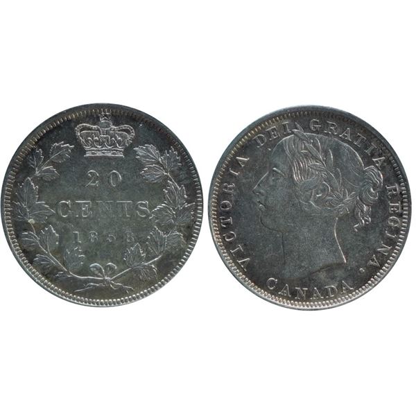 1858 20¢ Coinage Plain 5 CCCS About Uncirculated-50.