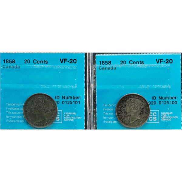 1858 20¢ Plain 5 & 1858 Re-Eng 5, both coins CCCS Very Fine-20.