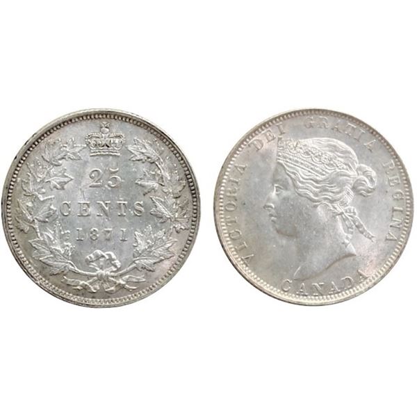 1871 25¢ Obv 2 7/7 ICCS Choice Mint State-64. Fully lustrous white issue with attractive peripheral 