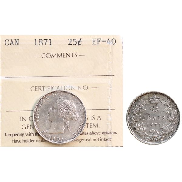 1871 25¢ Obv 2 ICCS Extra Fine-40.  Lustrous example.