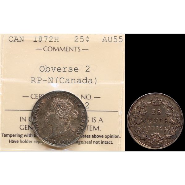 1872H 25¢ Obv. 2, "RP-N in CANADA ICCS Choice About Uncirculated-55