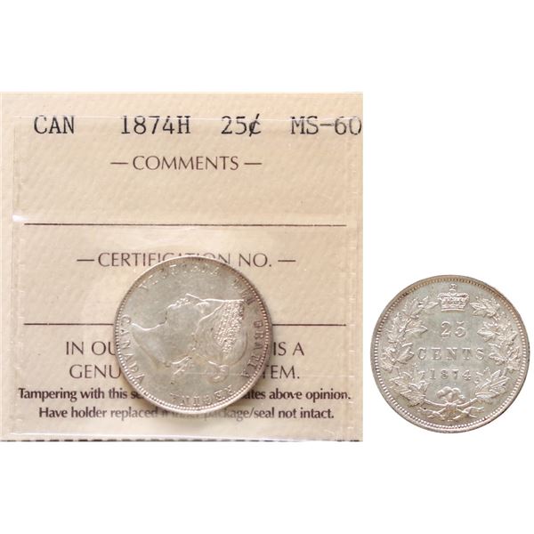 1874H 25¢ ICCS Mint State-60.  Attractive well defined issue with lots of lustre.