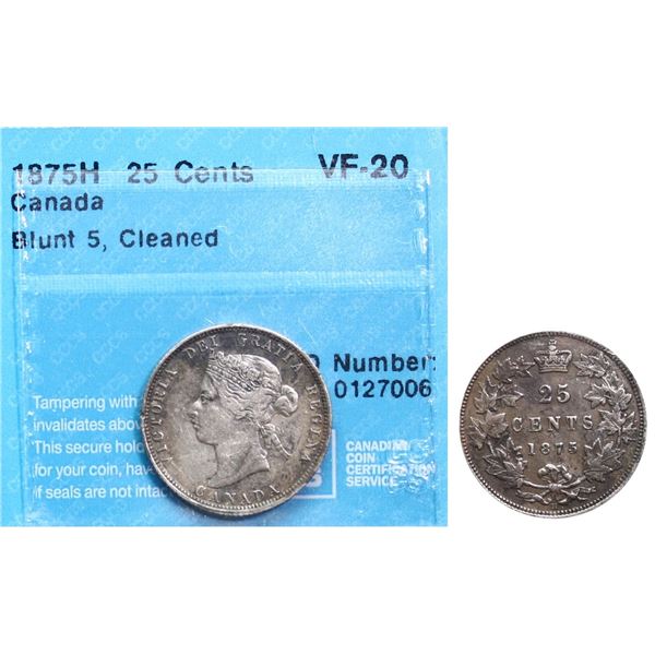 1875H 25¢ "Blunt 5" CCCS Very Fine-20.  Scarce key date with bold strike.  Lightly cleaned.  Rare da