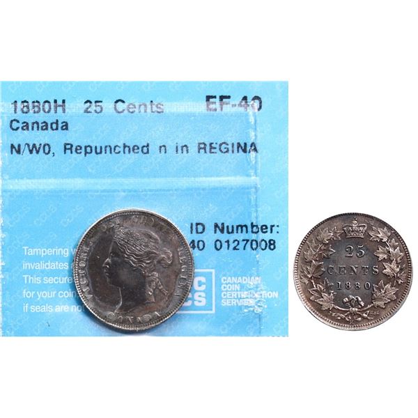 1880H 25¢ Narrow / Wide "O", Repunched "N" in REGINA CCCS Extra Fine-40
