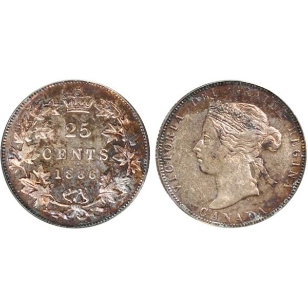 1886 25¢ Obv 4 SBE CCCS About Uncirculated-50.  Nice lustrous obverse side showing some sparce tints