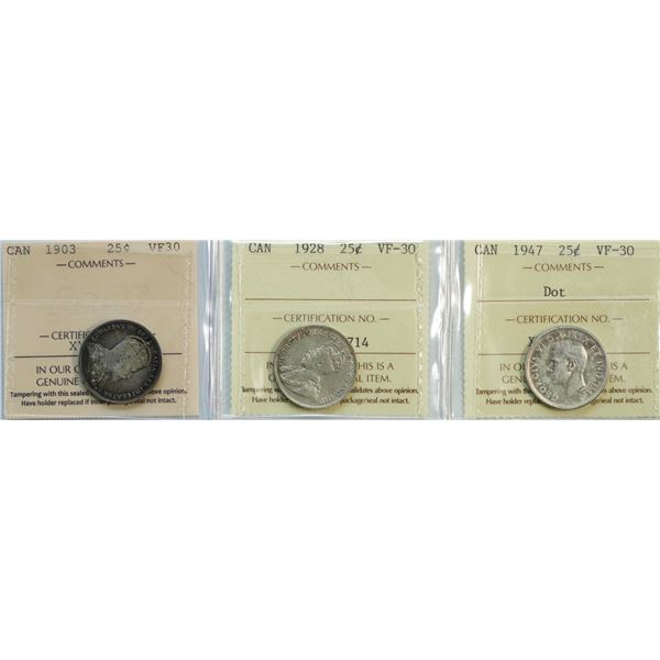 1903 25¢, 1928, and 1947 Dot, all ICCS Choice Very Fine-30, lot of 3 coins.