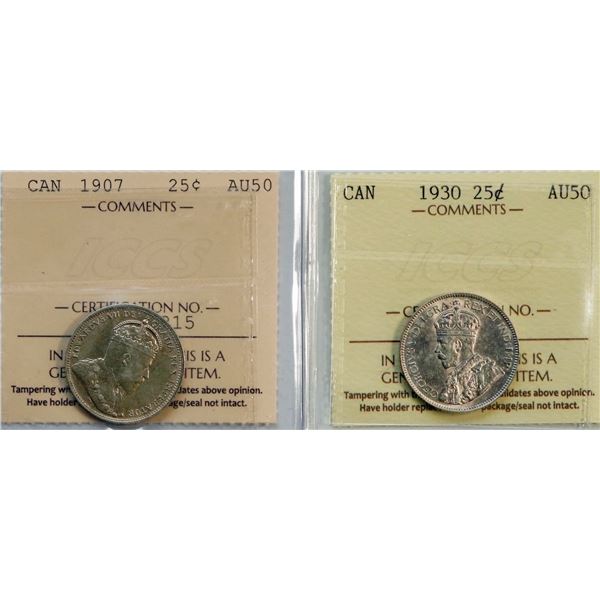 1907 25¢ & 1930 both ICCS About Uncirculated-50.