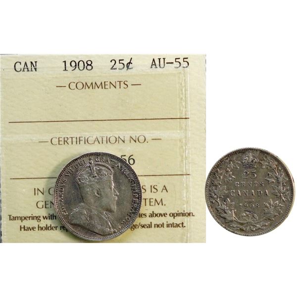 1908 25¢ ICCS Choice About Uncirculated-55.  Lustrous example