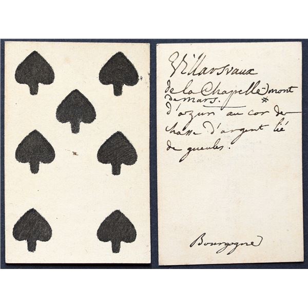French Colonial Issue Playing Card; Seven of Spades with French Hand Written on the back.