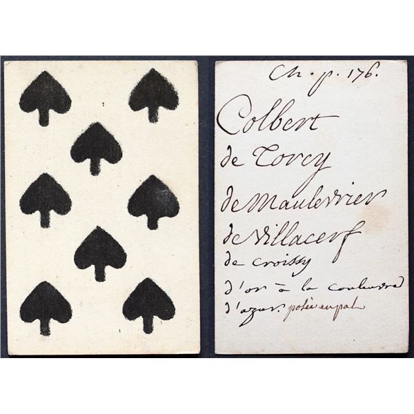 French Colonial Issue Playing Card; Eight of Spades with French Hand Written on the back.