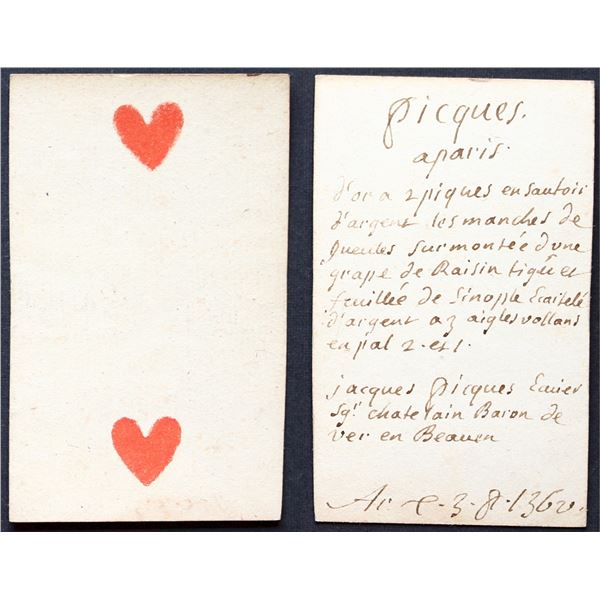 French Colonial Issue Playing Card; Two of Hearts with French Hand Written on the back.