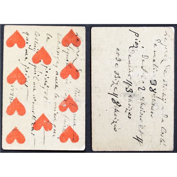 French Colonial Issue Playing Card; Ten of Hearts with French Hand Written on the back.
