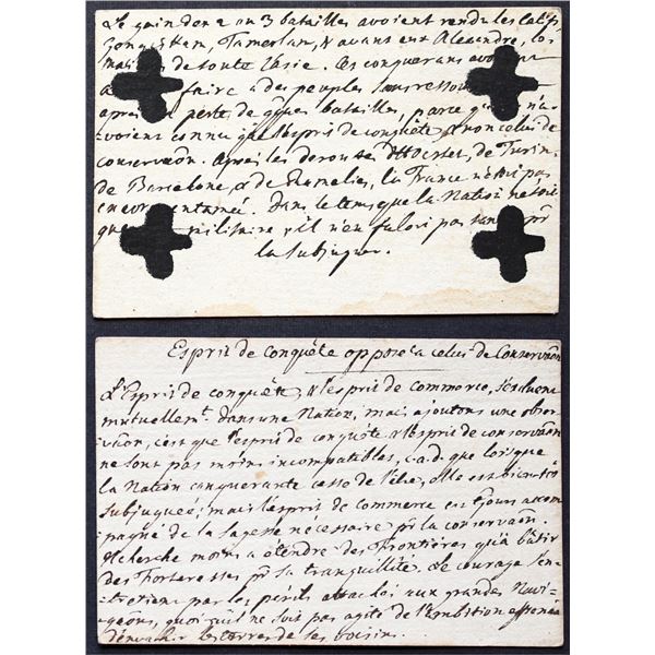 French Colonial Issue Playing Card; Four of Clubs with French Hand Written on both front and back.