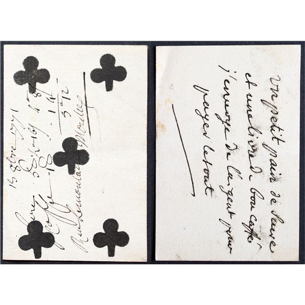 French Colonial Issue Playing Card; Five of Clubs with French Hand Written on the back.