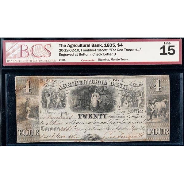 The Agricultural Bank 1835 $4 #2001 CH-20-12-02-10, BCS Choice Fine-15.